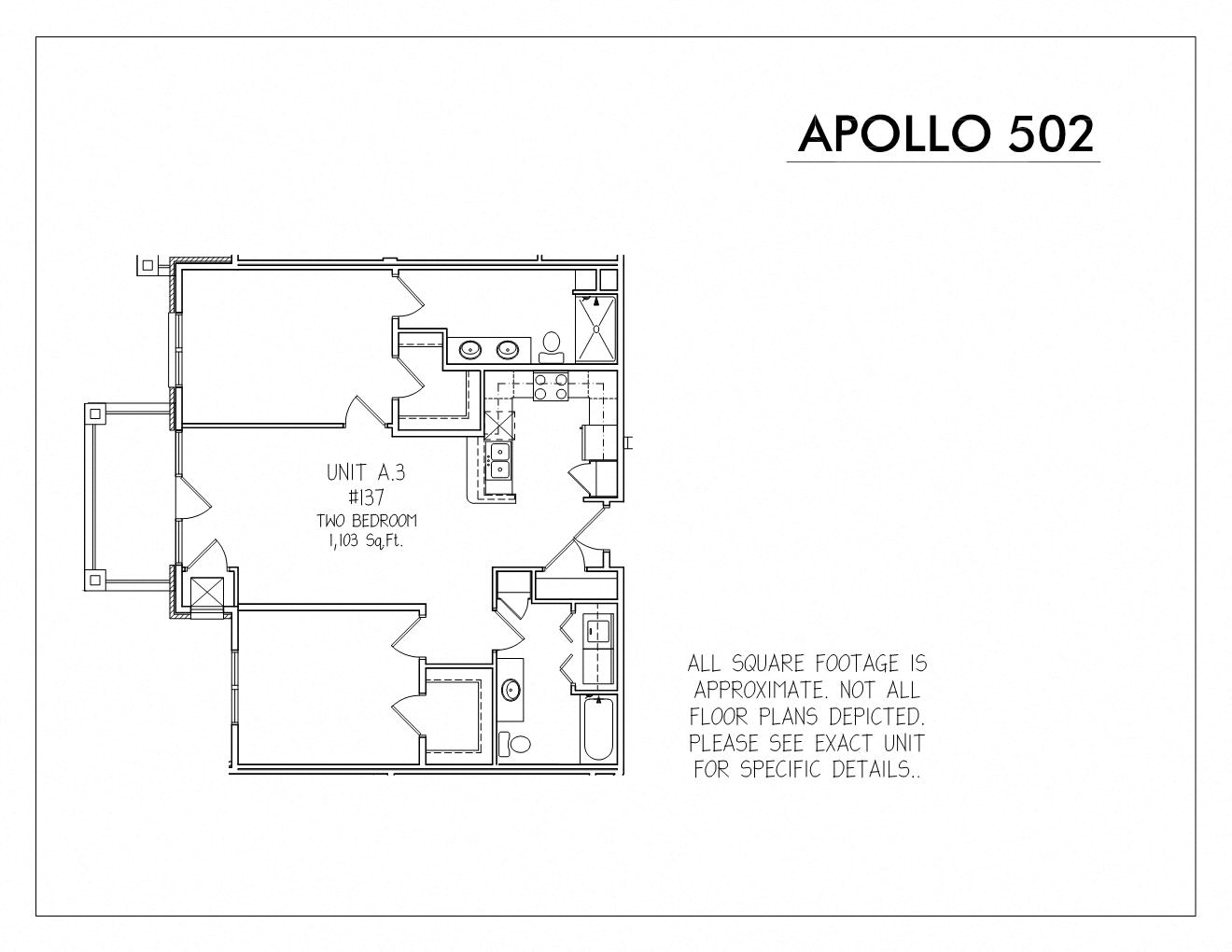 Floor plan for 2 beds, 2 baths, 1103 sqft